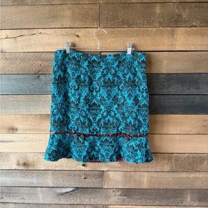 Vintage Teal Black Tapestry Pattern Mini Skirt Textured Karen Kane Y2K